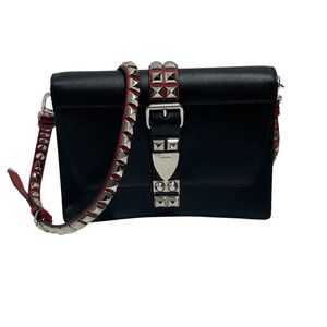 PRADA Electra Studded Leather Shoulder Bag Black Red